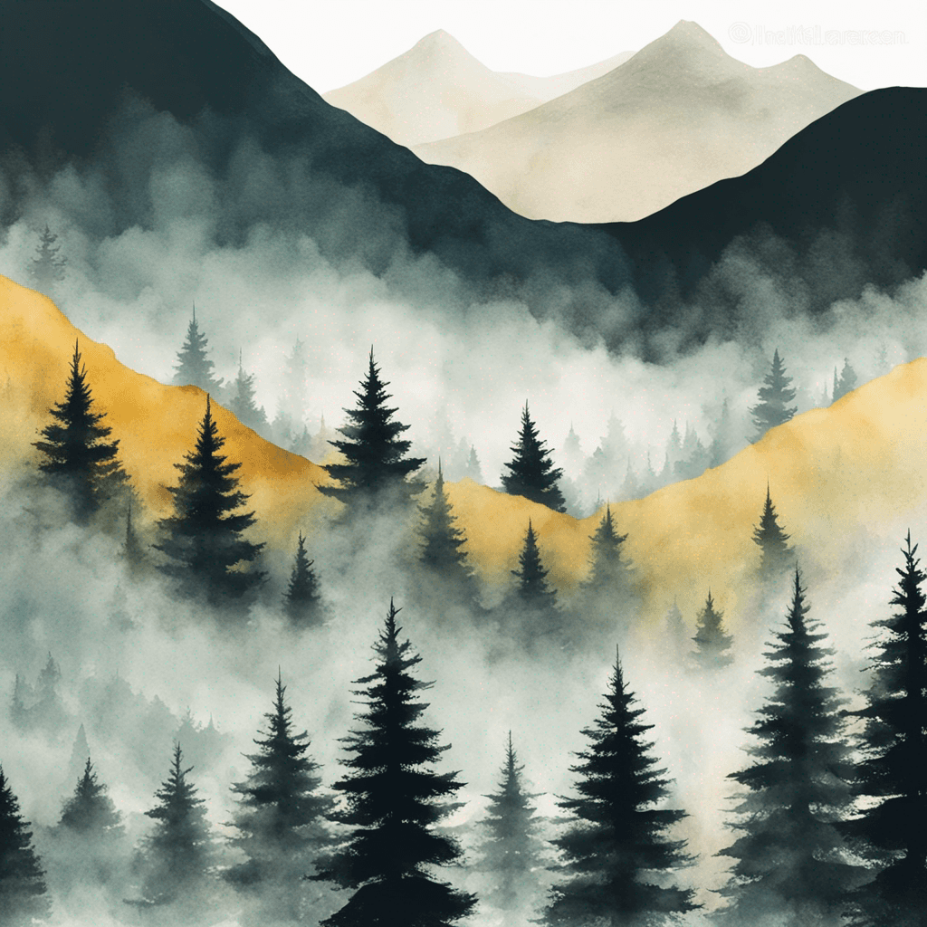 a picture of a foggy forest with a mountain in the background. Aesthetic minimalistic landscape with trees, mountain range and sun. Watercolor and paper textured print, vector posters. Illustration, travel art minimal scene, close up. Shot with a telephoto lens at 4K resolution.