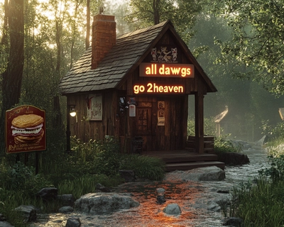 a scene by a stream there is a  doghouse with a sign that says "All Dawgs Go 2Heaven". Other images and words in the background are a microphone, chik-fil-a, bacon pancakes, giant bomb podcast