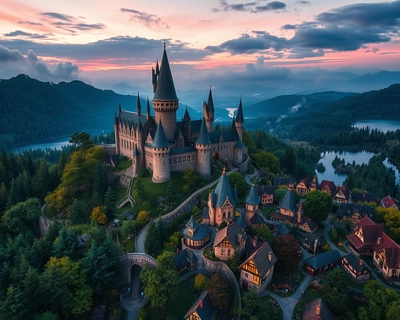 a magical fantasy scene, cinematic photography, dramatic lighting, film still, anamorphic lens, color graded, 8k uhd, vibrant saturated colors, high color contrast, highly detailed, rich textures, intricate details.
I would like it to be based on a magical land similar to Harry potter. I would like it to be an aerial view of Hogwarts with the surrounding areas magical suburbs