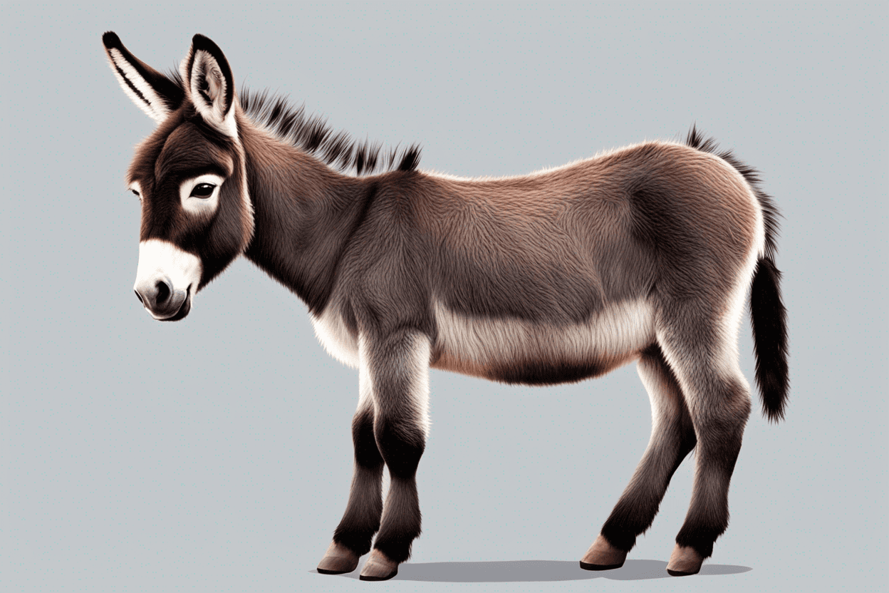 high detailled picture of a cute baby donkey named Edgar, looking to camera, full body, side view, character suitable for rigging, cartoon style, vivid colors, white background