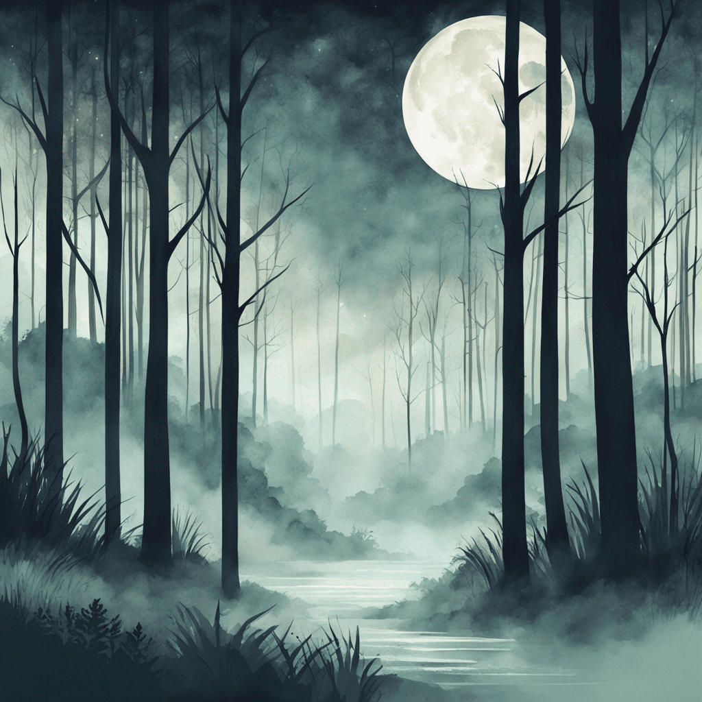 a picture of a magical forest. Aesthetic minimalist landscape with lush trees, mysterious fog and a full moon. Watercolor and paper textured print, vector posters. Illustration, fantasy art minimal scene, wide shot.