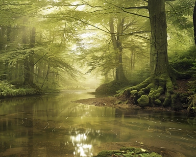 A serene, lush forest with towering ancient trees and a gentle, winding river under the soft glow of a misty morning light, inspired by the ethereal landscapes of Claude Monet. The scene is captured with a wide-angle lens to emphasize the expansiveness of the forest, with intricate details of leaves, moss, and reflections in the water, creating a sense of tranquility and timeless beauty.