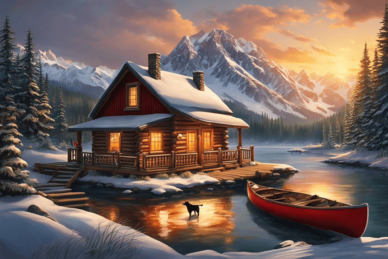 a snow capped mountain  background with sun setting,  a log cabin in th foreground nestled at a 45 degree angle in the trees, front porch on the cabin , warm light shining from the windows, a peaceful stream and wooden  dock are in front of the cabin, a  red canoe is tied to the dock, on the dock is an irish setter dog watching two grazing deer on the opposite side of the river ,  drawn in the style of artist Terry Redlin
Make fall folilage around th cabin and turn the cabin so the porch faces the bottom left corner . Make the stream amaller and have it go from left to right in the foreground . Draw to deer on the oppsite side of the stream. Only the mountains should have snow on them. make the cabin two story.
Take out the dogs and put in grazing deer. Canoe shoud be tied to the dock. No snow around the cabin

