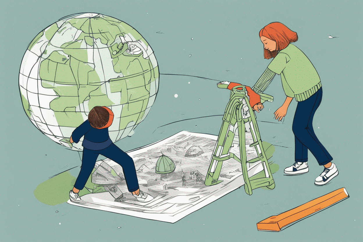 A drawing of planet earth as a puzzle with two missing pieces that two girls are holding to put in place one on a ladder and the other standing they wear a light green top, navy blue pants and black shoes