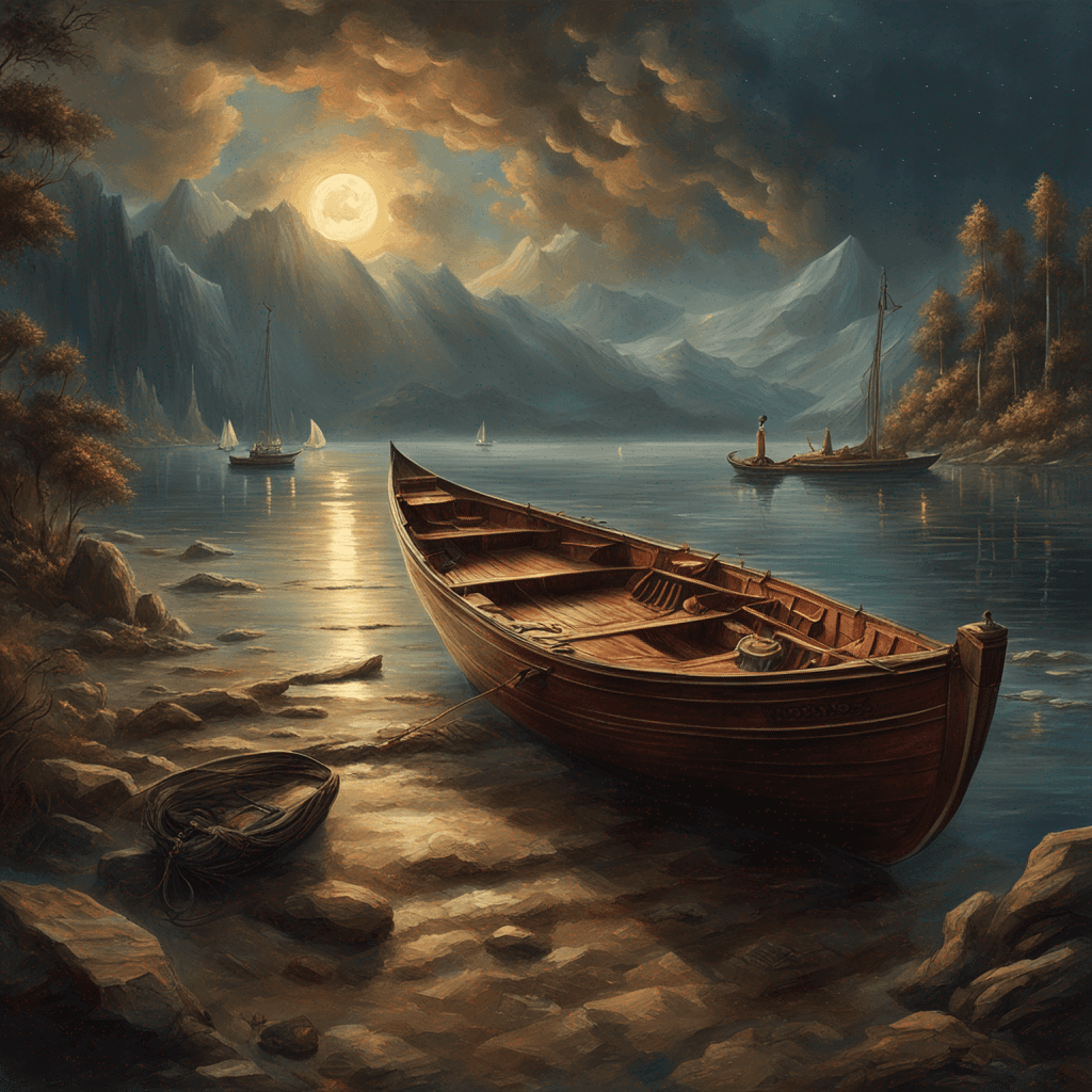 a picture of a real photographic landscape painting with incomparable reality, featuring a super wide shot of a lake with ominous sky, a sailing boat, wooden boat, lotus, huge waves, starry night, Harry Potter, volumetric lighting, and clearing. Art style of James Gurney, resolution of 4K, camera lens of ultra wide format, and ratio of 16/9.