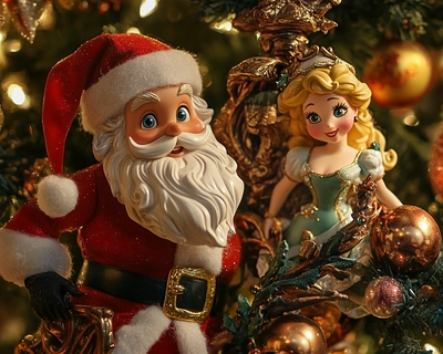 Disney Christmas theme including Santa, belle, Peter Pan, captain hook
