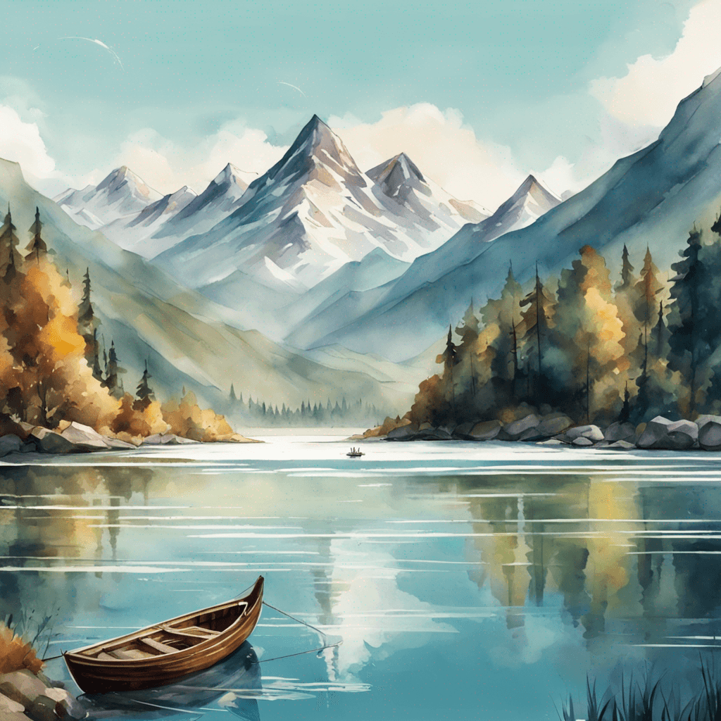 a picture of a majestic mountain range in the background, a beautiful lake in the foreground and a single boat sailing across the lake. Watercolor art style, 4K resolution, wide angle lens.