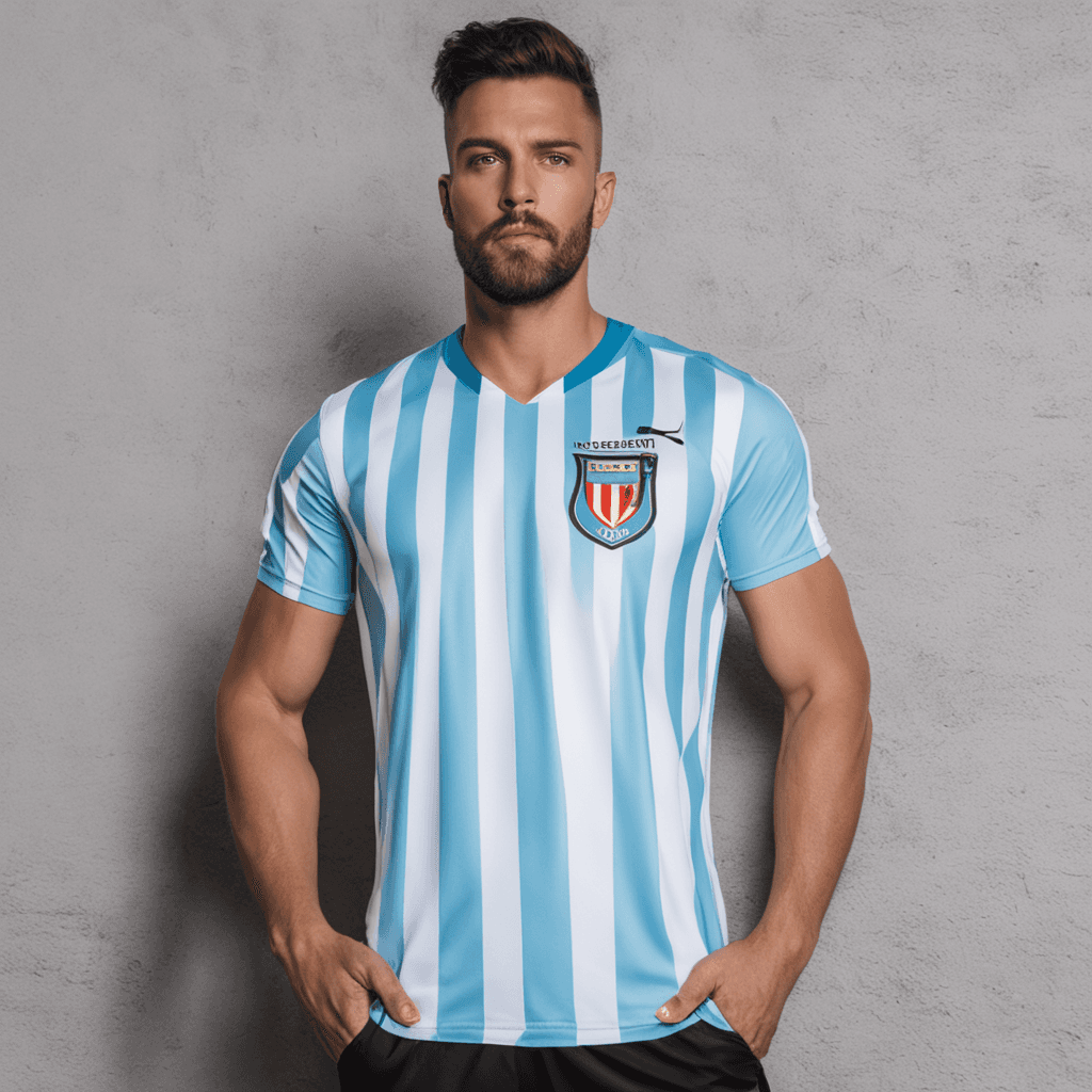 Camiseta de futbol franjas verticales celestes y blancas con detalles floreados en puños y cuello en v
