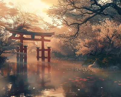 A serene Japanese garden at dawn, featuring a traditional red torii gate partially obscured by morning mist, with cherry blossom trees in full bloom surrounding a koi pond. The scene is captured in the delicate and intricate style of traditional Japanese ukiyo-e woodblock prints, using soft pastel colors to enhance the tranquil atmosphere. A wide-angle lens is used to encompass the full breadth of the landscape, and rays of golden sunlight gently filter through the trees, casting a soft glow on the garden.