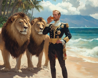 King Frederik from Denmark drinking shot of whiskey at a beach in hawaii with three lions standing behind him.
