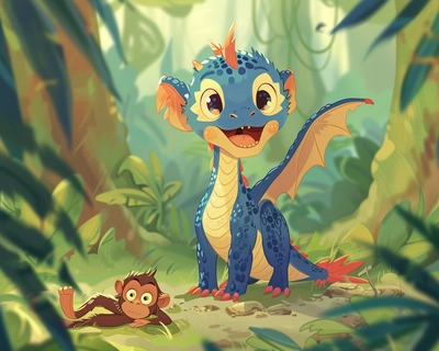 a small blue young dragon with small wings in the jungle, a monkey lies on the ground. The dragon looks surprised. The monkey looks hurt. Style is cartoony, colorful cel shaded children's book with soft warm tones and dappled light --style raw