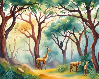 AN AFRICAN FOREST SCENE , watercolor painting style, soft flowing colors, delicate brushstrokes, artistic watercolor technique, vibrant bright lighting, saturated vivid colors, highly detailed, rich textures, intricate details