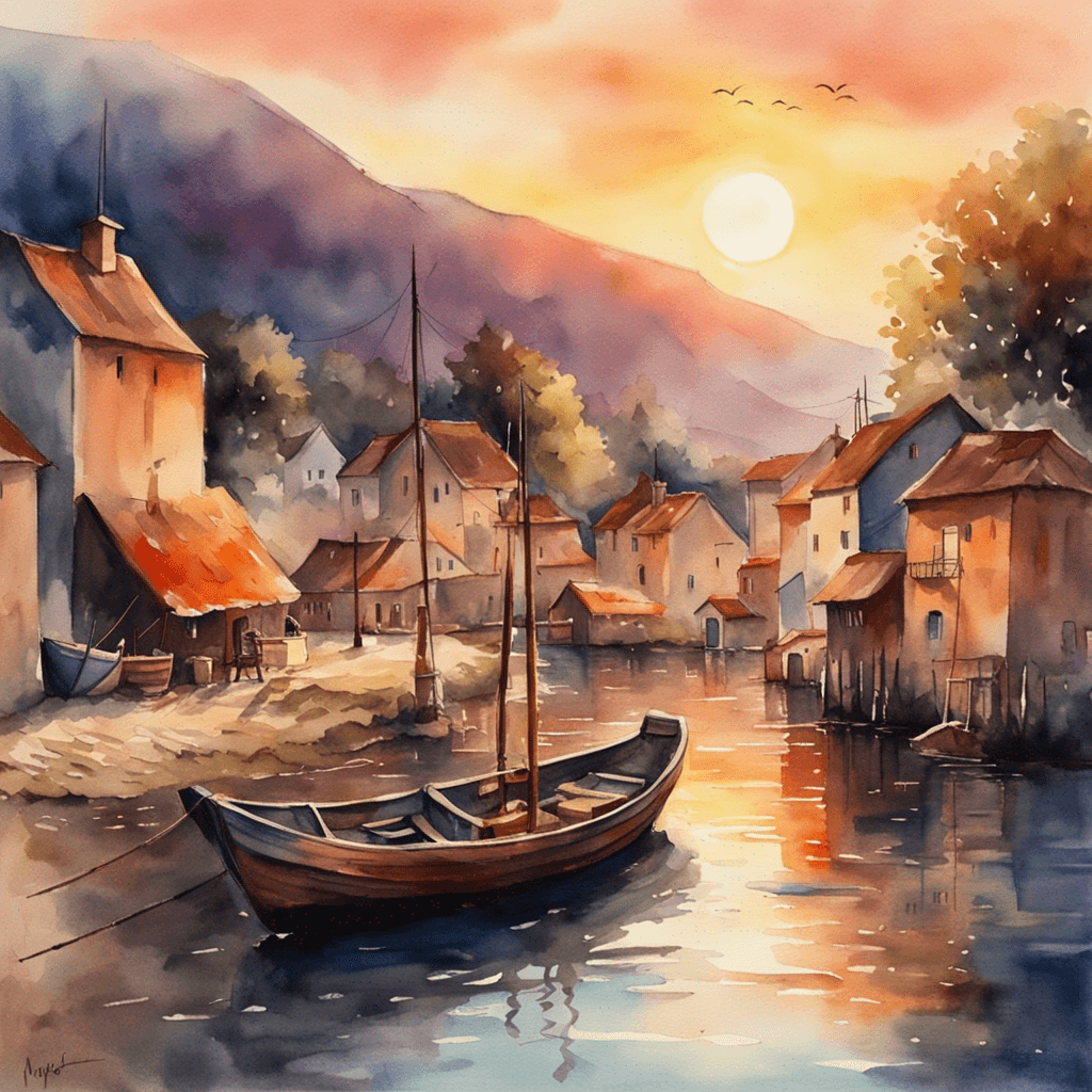 a picture of a small fishing village at sunset. Watercolor painting with vibrant colors, soft edges and a dreamy atmosphere. Wide angle lens, 4K resolution, inspired by the works of Monet.