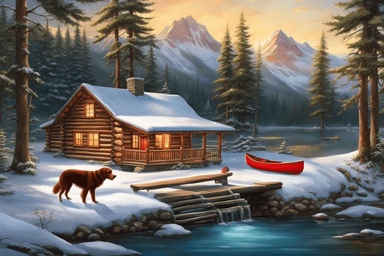 a snow capped mountain  background with sun setting,  a log cabin in th foreground nestled at a 45 degree angle in the trees, front porch on the cabin , warm light shining from the windows, a peaceful stream and wooden  dock are in front of the cabin, a  red canoe is tied to the dock, on the dock is an irish setter dog watching two grazing deer on the opposite side of the river ,  drawn in the style of artist Terry Redlin
Make fall folilage around th cabin and turn the cabin so the porch faces the bottom left corner . Make the stream amaller and have it go from left to right in the foreground . Draw to deer on the oppsite side of the stream.