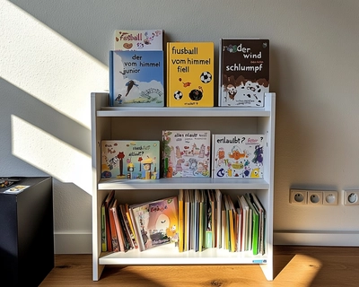 make it salvador dali style: The image shows a white children's bookshelf with three tiers, positioned against a cream-colored wall. The bookshelf appears to be in a German home, as evidenced by several German-language books and an electrical outlet (European-style) on the wall with a cute animal-themed cover plate.
The top shelf displays larger picture books standing upright, including:
"Fußball" (a soccer-themed book)
"Wind" by Kenneth Grahame
"Der Schlumpf der vom Himmel fiel" (A Smurf book with yellow cover)
"Junior" series book
"Alles Erlaubt?"
The middle shelf contains a row of smaller books packed tightly together, with some DVD cases visible on the right side.
The bottom shelf holds what appears to be board games and other children's materials.
The bookshelf has decorative elements on its sides, with what looks like small animal or character stickers. There's sunlight streaming across the wooden floor boards, creating an interesting shadow pattern. A black object (possibly part of furniture) is visible on the left side of the frame.
The overall setup suggests a cozy, well-organized children's reading corner in a German home.