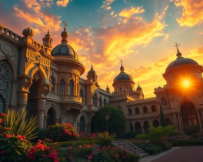 stunning architectural scene, golden hour photography, warm sunset light, soft golden glow, magic hour, beautiful natural lighting, highly detailed, rich textures, intricate details