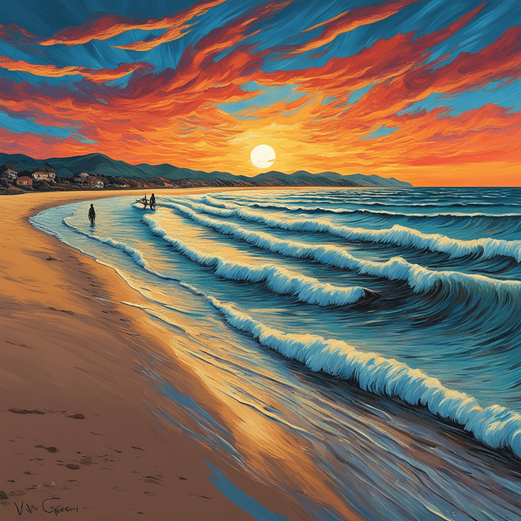 a picture of a vibrant sunset over a beach with a lone surfer in the foreground, painted in the style of Van Gogh, taken with a wide-angle lens at 4K resolution.