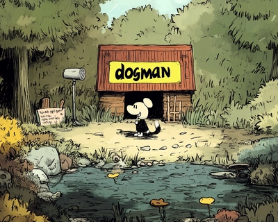 A picture with the word "Dogman" in metallica style text in the middle of a scene by a stream. In the surroundings there is also a picture of a snoopy doghouse and a masked figure and the phrases- chik-fil-a, bacon pancakes, a microphone, all dawgs go 2 heaven, giant bomb podcast