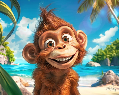 a cheeky happy brown monkey called Steve, on a jungle beach with the sun shining and blue sky.  In a Disney Pixar movie style