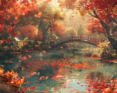 A serene Japanese garden during autumn, with vibrant red and orange maple leaves gently falling, a tranquil koi pond reflecting the colorful foliage, and a traditional wooden bridge arching gracefully over the water. The scene is bathed in the soft, golden light of the late afternoon sun. The art style should be inspired by the delicate and detailed work of Utagawa Hiroshige, using a wide-angle lens to capture the expansive beauty of the garden.
