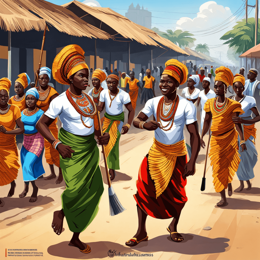 Create an image of the Brazzaville community's nice and clean city, markets, people eating, cleaners cleaning the roads and other places, traditional dancers, art, and people with excessive costumes.
