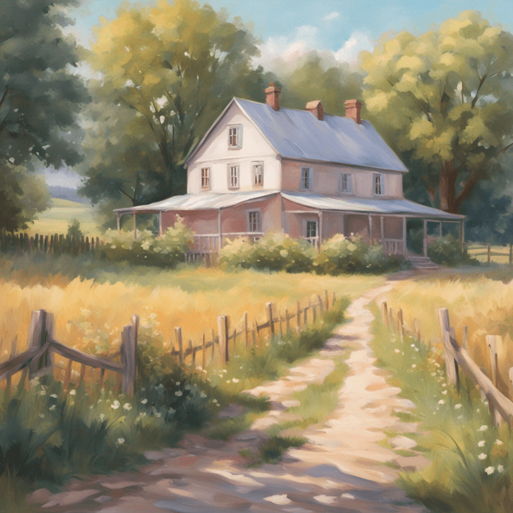 a picture of a rural farmhouse in the summertime. Soft pastel colors, oil painting style, close-up view, 4K resolution.