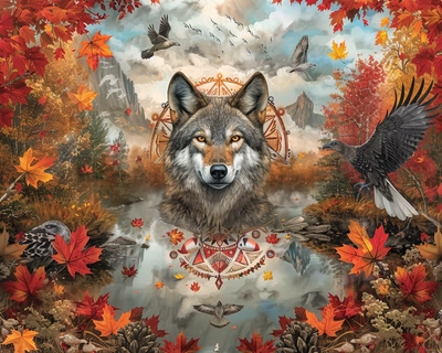 A serene Eastern, Native American forest wolf during autumn, featuring a traditional medicine wheel surrounded by vibrant maple trees with leaves in shades of red, orange, and yellow. The scene is reflected in a calm sky with individual bald eagle, Crow, red tail hawk and owl airborne gracefully. The art style should be inspired by the delicate and detailed works of the National Gallery capturing the tranquility and natural beauty of the setting. The image should be rendered with a 50mm lens to emphasize the depth and richness of the colors and details.