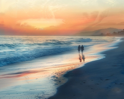 A serene sunset on a secluded beach, with gentle waves lapping at the shore and a silhouette of a couple walking hand in hand; the scene captures the tranquil beauty of nature in the style of impressionist painter Claude Monet, using soft, pastel colors and delicate brushstrokes; the image is taken with a wide-angle lens to encompass the vastness of the beach and the sky, creating a sense of peaceful endlessness.