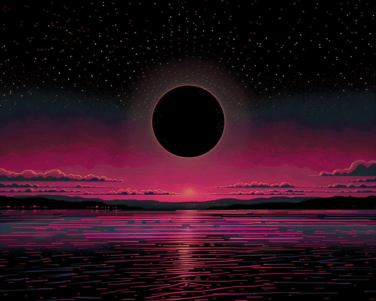 solar eclipse over Appalachian landscape, lovecraftian, worrying bizarreness, paranoia, Photonegative refractograph, vanished picture, minimal: orthonormal coordinate system of 8 - bit dots, minimal fine pixel art( amstrad cpc + famicom and mastersystem + PC - Engine), 8-bit colors, synthwave vibe, vanished light lithography background, light halftone dots, minimal psychedelic art --chaos 20 --stylize 350 --weird 20