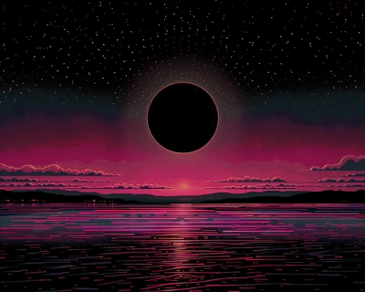 solar eclipse over Appalachian landscape, lovecraftian, worrying bizarreness, paranoia, Photonegative refractograph, vanished picture, minimal: orthonormal coordinate system of 8 - bit dots, minimal fine pixel art( amstrad cpc + famicom and mastersystem + PC - Engine), 8-bit colors, synthwave vibe, vanished light lithography background, light halftone dots, minimal psychedelic art --chaos 20 --stylize 350 --weird 20