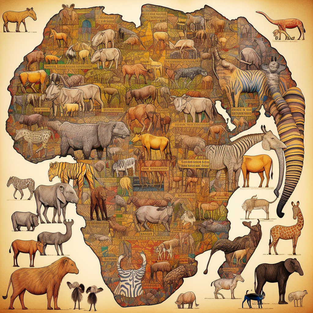A complex word search puzzle of african animals