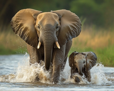 picture of elephant and its baby playing with water
