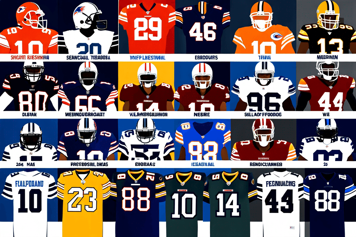 A collage of a 2-D rendering of every single NFL football uniform