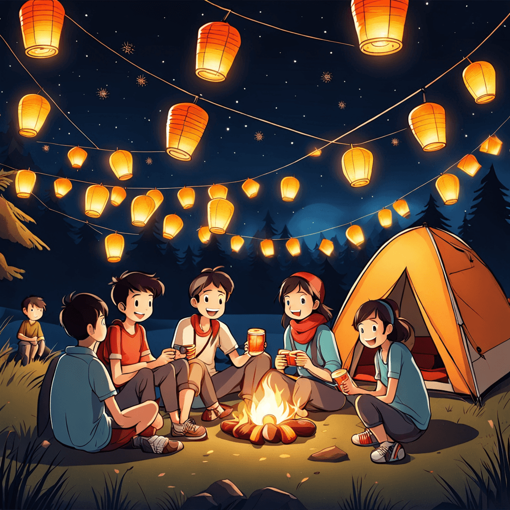 a picture of a camping atmosphere that has bright shining elements, there are groups of young men and women who look like a family, gathered to fly lanterns at night