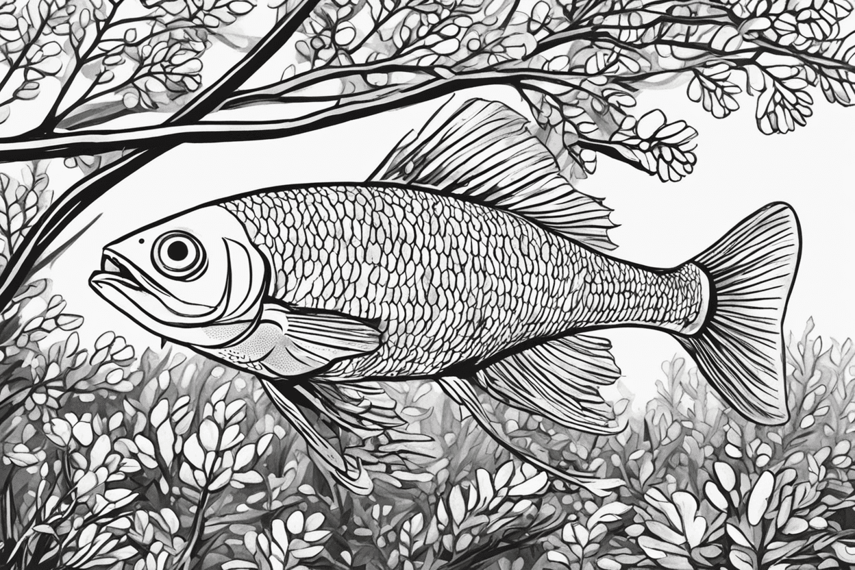 Generate an easy-to-identify black-and-white picture of a small fish hidden in between branches.