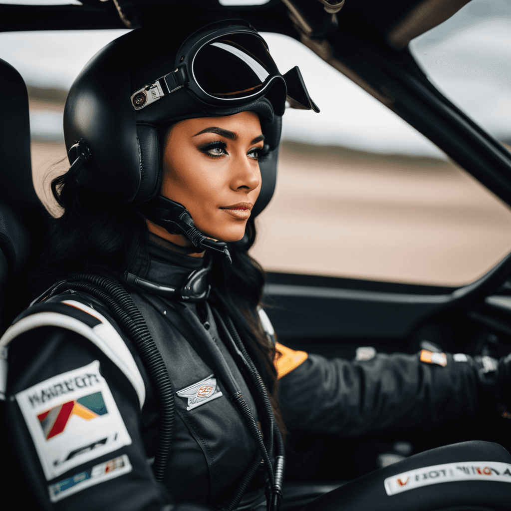photo of a ino woman in a race car with black hair and a black pilot outfit,morning time, dessert