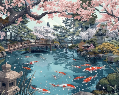 A serene Japanese garden in the heart of spring, featuring a tranquil koi pond surrounded by cherry blossom trees in full bloom; the scene is captured in the delicate and detailed style of traditional Japanese ukiyo-e woodblock prints, with soft pastel colors and intricate linework. The image should have a wide-angle perspective to encompass the entire garden, including a quaint wooden bridge arching over the pond and a stone lantern partially obscured by the blossoms.