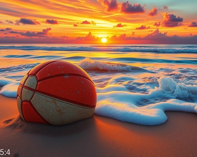 Sunset with a netball and waves pushing on sure, golden hour photography, warm sunset light, soft golden glow, magic hour, beautiful natural lighting, highly detailed, rich textures, intricate details