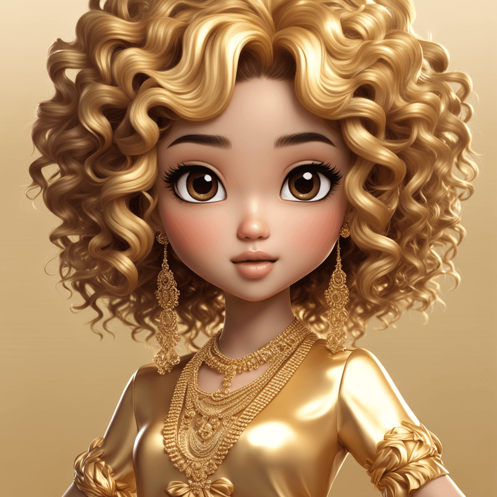 Chibi curly hair Phillipine in gold tones on the name "Roza”, illustration, 4d render, photo, realistic, cinematic, 3d render, anime, photo, poster, fashion, portrait photography



