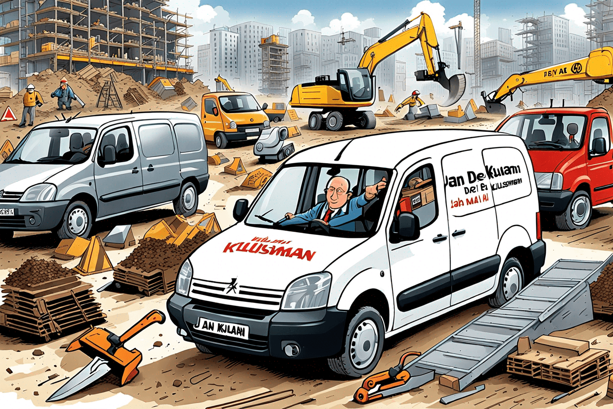 A white Peugeot Partner van drives over a construction site. On the side of the Peugeot partner van is the text: "Jan de Klusman" Construction tools are flying all over the place. In the background a 60 year old, grey haired, nearly bald builder appears 100 times. In the style of Jan van Haasteren puzzle.  Very chaotic 
