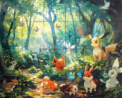 A picture of 7 x 7 tiles where in background is represented a very light forest pokemon and on every tile is represented a single pokemon