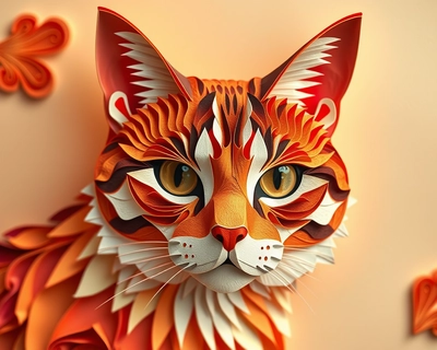 a detailed animal portrait cat, paper craft art, layered paper cutout style, 3D paper sculpture, colorful origami inspired, handmade texture, soft diffused lighting, dreamy ethereal glow, warm color palette, reds oranges and golden tones, highly detailed, rich textures, intricate details