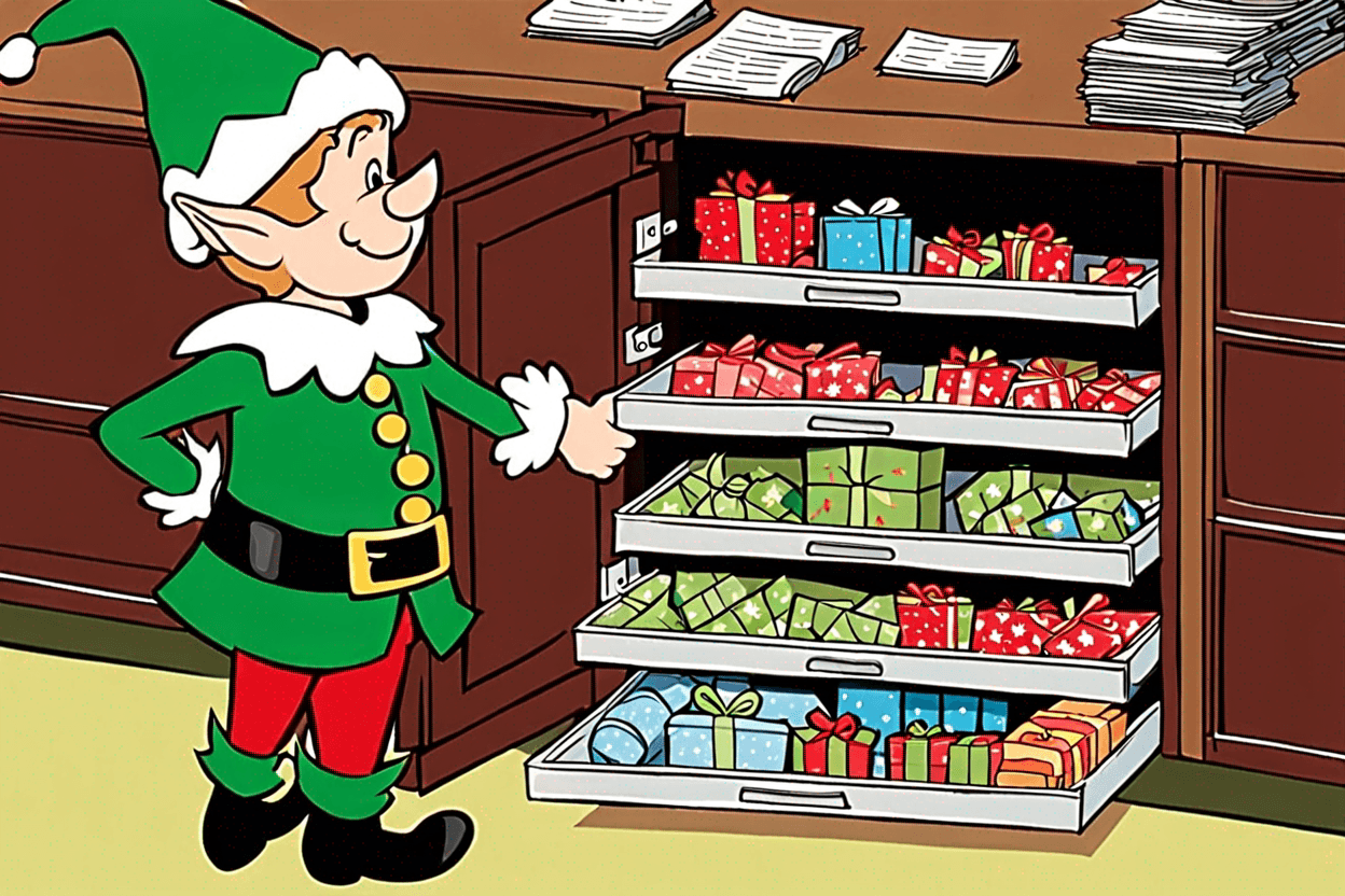 A puzzle with a christmas elf that stole christmas presents. He us holding a sign that says : “look in the top drawer”