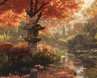 A serene Japanese garden during autumn, with vibrant red and orange maple trees surrounding a tranquil koi pond with a traditional stone lantern. The scene is bathed in soft, golden afternoon light, capturing the essence of nature's beauty. The art style is inspired by the delicate brushwork of Katsushika Hokusai, with a touch of modern digital illustration to enhance details. The image is captured with a wide-angle lens, emphasizing the depth and tranquility of the garden.