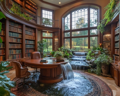 old-fashion two-story library, wood desk, waterfall, plants, large window