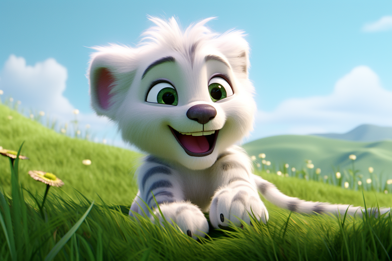 Pixar style of a cute and cuddly white tiger, laying in a bed of grass with blue skies and flowers