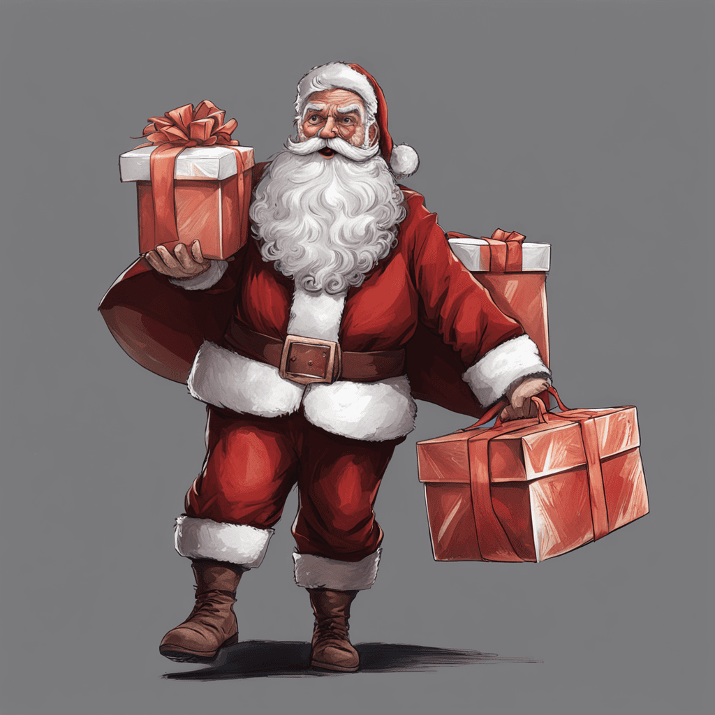 A picture of a Santa Claus carrying gift boxes