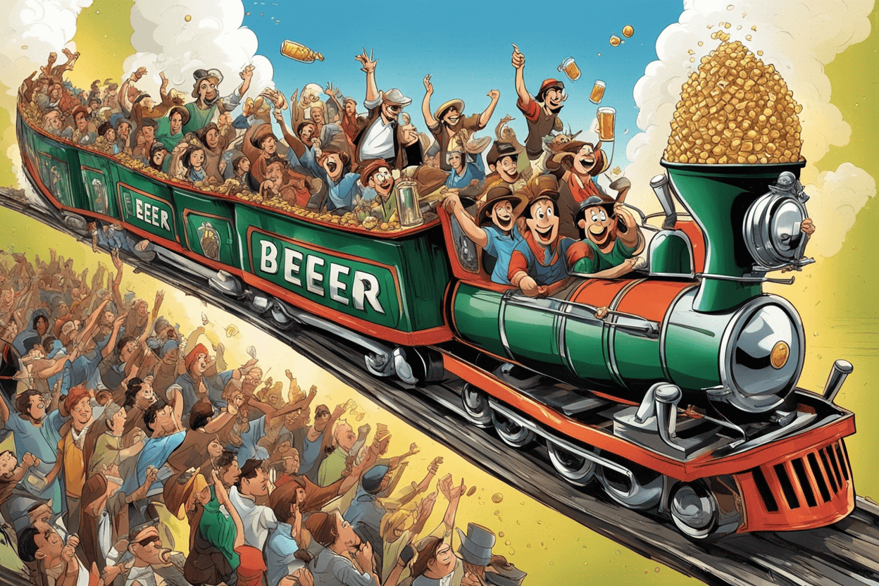 a small and very long train made out of beer with party people on top of it, dancing and drinking, comic style, Disney, fish eye optic