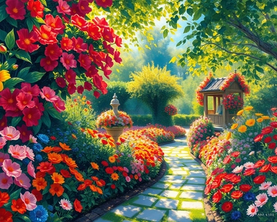 a lush garden with flowers, impressionist painting style, visible brushstrokes, light and color emphasis, Monet-inspired, highly detailed, rich textures, intricate details