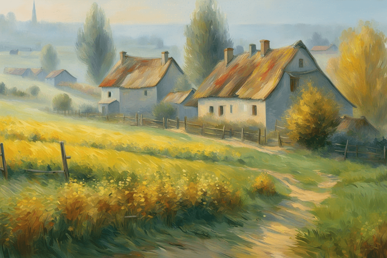 a picture of a rural village in the morning mist. Impressionistic style, painted with oil on canvas. Wide angle lens, 4K resolution. Artist: Vincent van Gogh.